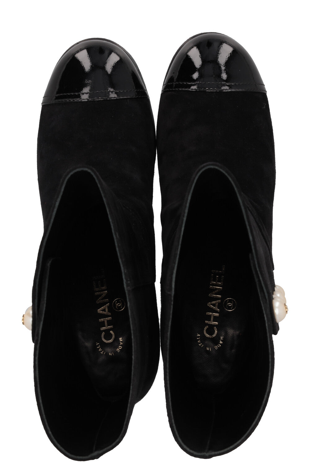 CHANEL Pearl Embellished Suede Boots Black