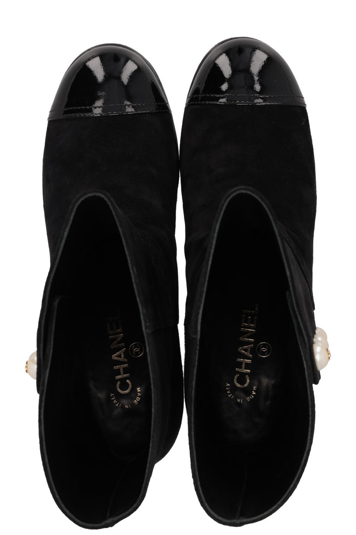 CHANEL Pearl Embellished Suede Boots Black