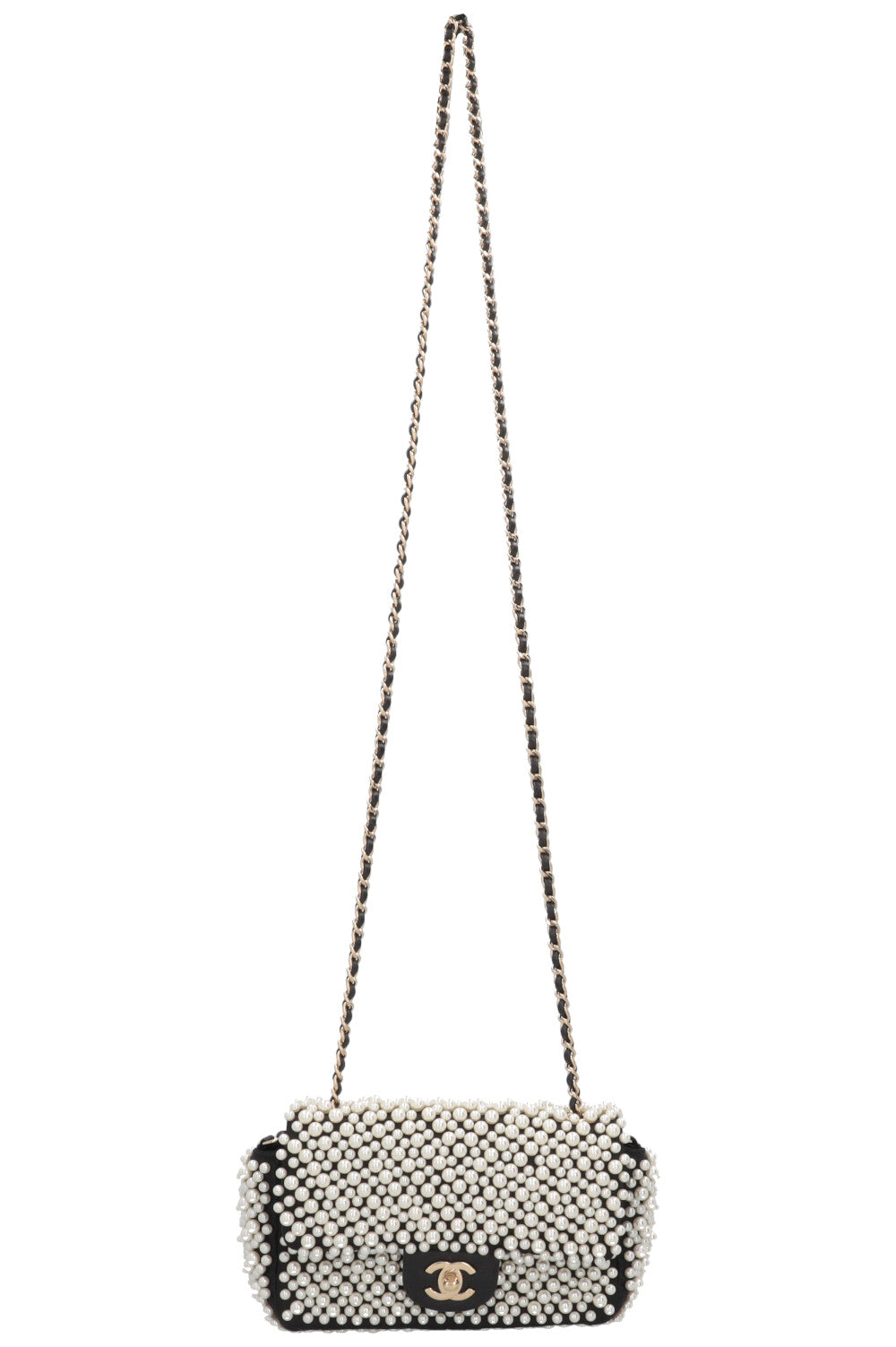 CHANEL Pearl Flap Bag Small Satin Black