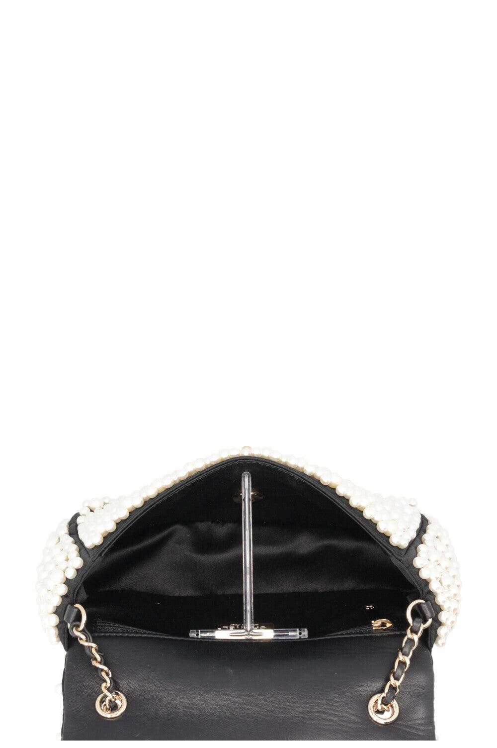 CHANEL Pearl Flap Bag Small Satin Black