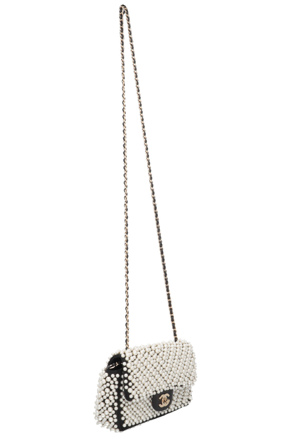 CHANEL Pearl Flap Bag Small Satin Black