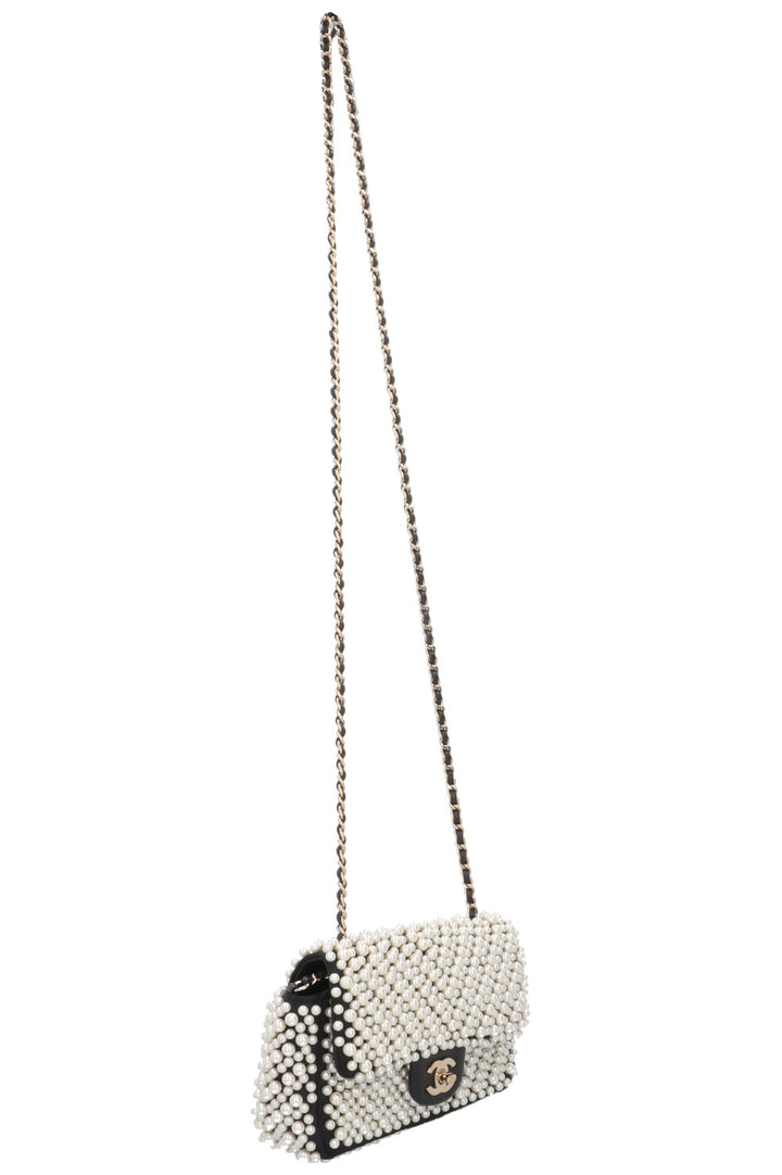 CHANEL Pearl Flap Bag Small Satin Black