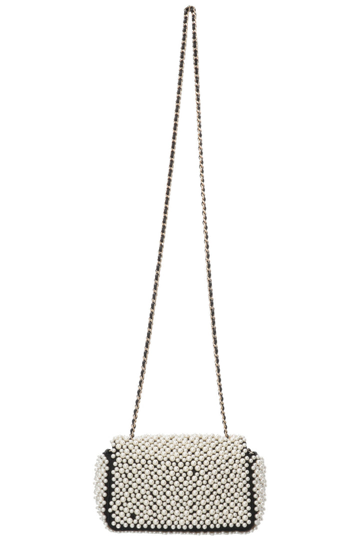 CHANEL Pearl Flap Bag Small Satin Black