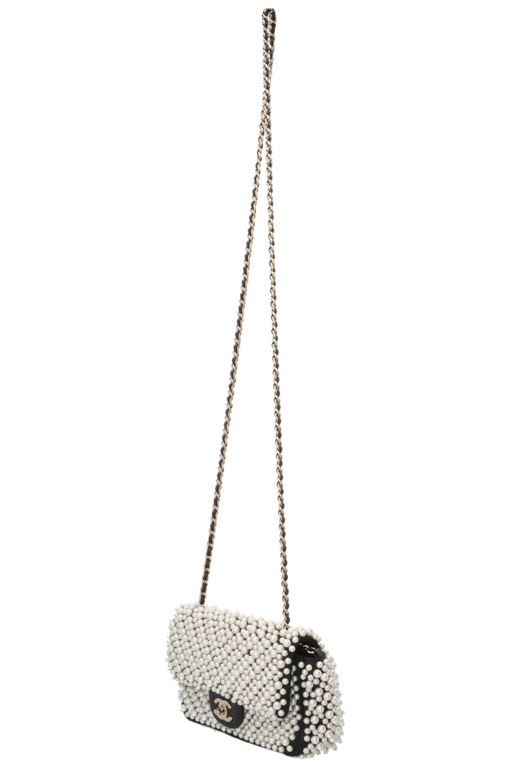 CHANEL Pearl Flap Bag Small Satin Black