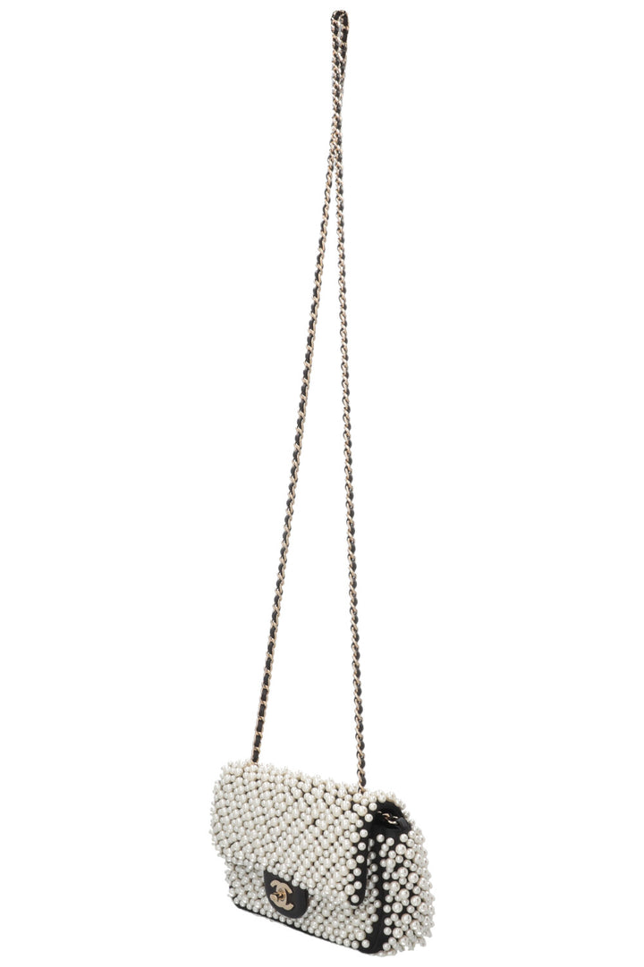 CHANEL Pearl Flap Bag Small Satin Black