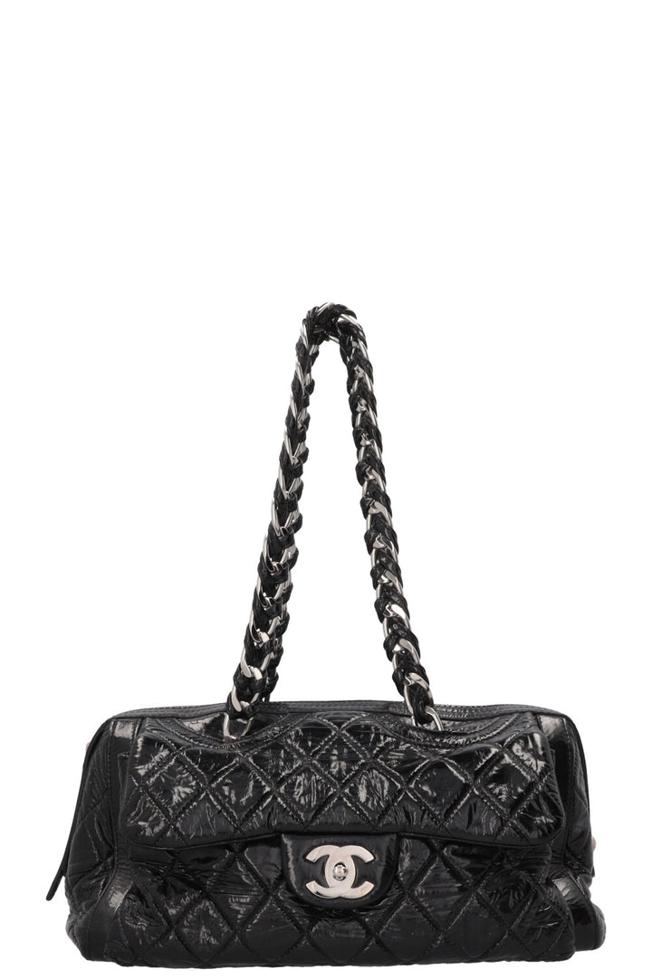 CHANEL Quilted Day Glo Flap Shoulder Bag Patent Black