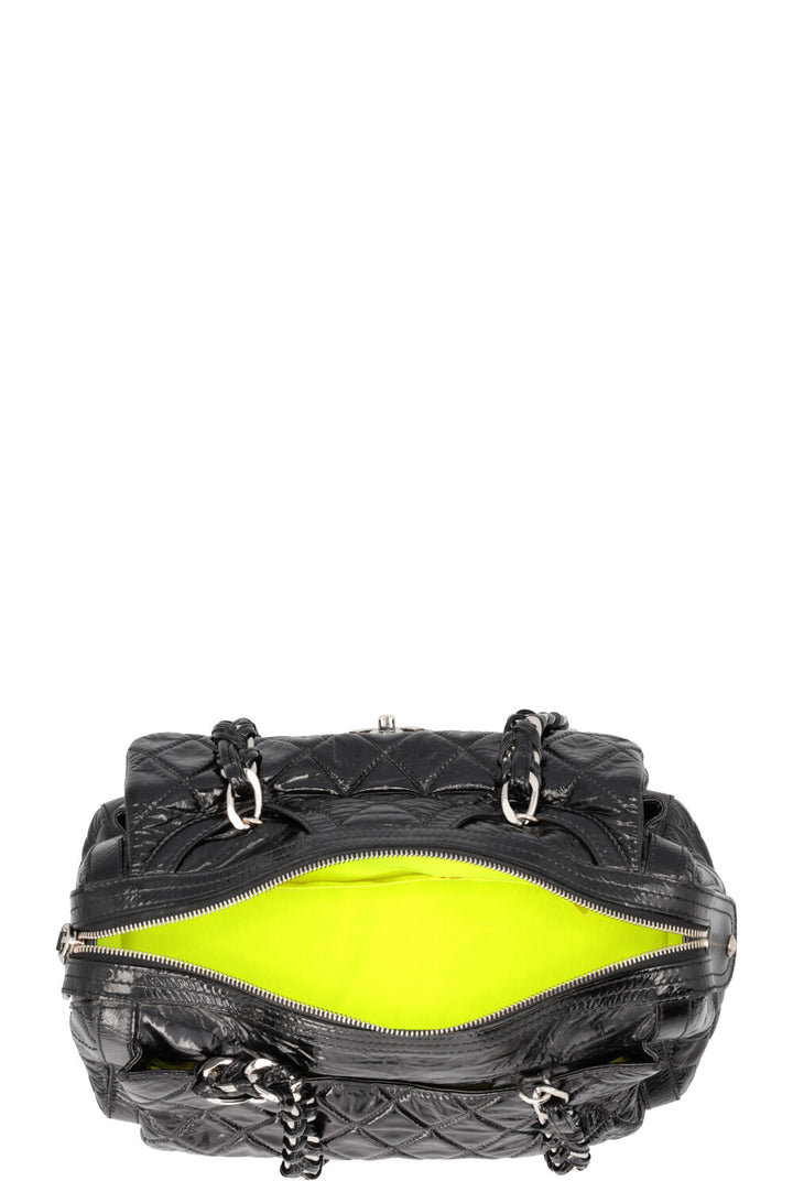 CHANEL Quilted Day Glo Flap Shoulder Bag Patent Black