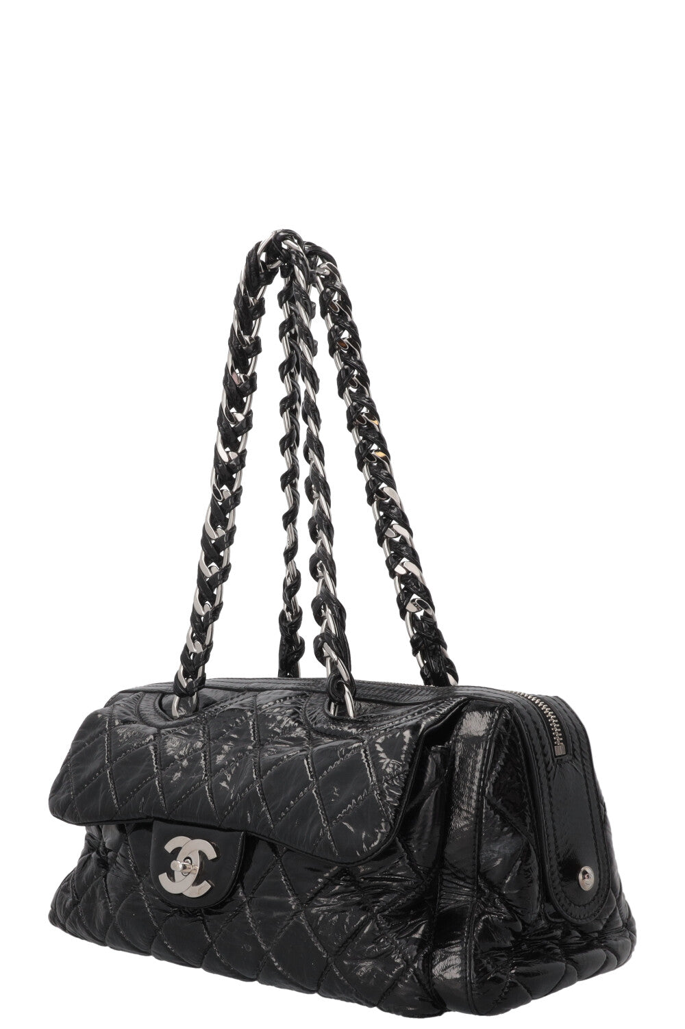 CHANEL Quilted Day Glo Flap Shoulder Bag Patent Black