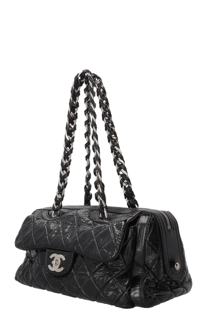 CHANEL Quilted Day Glo Flap Shoulder Bag Patent Black
