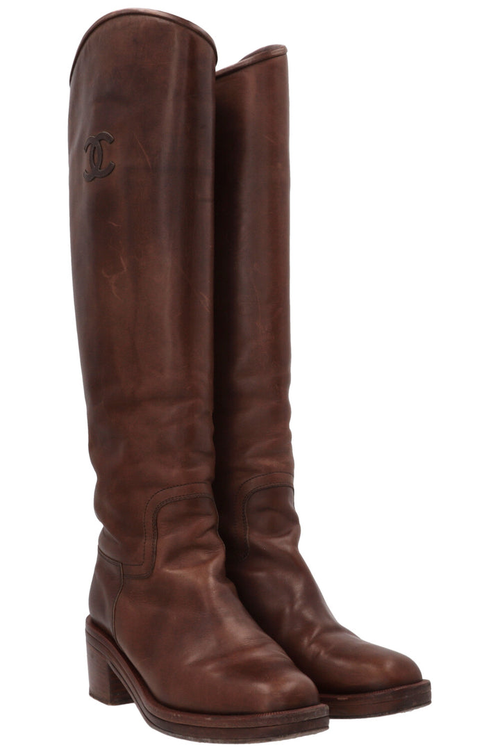 CHANEL Riding Boots Leather Camel
