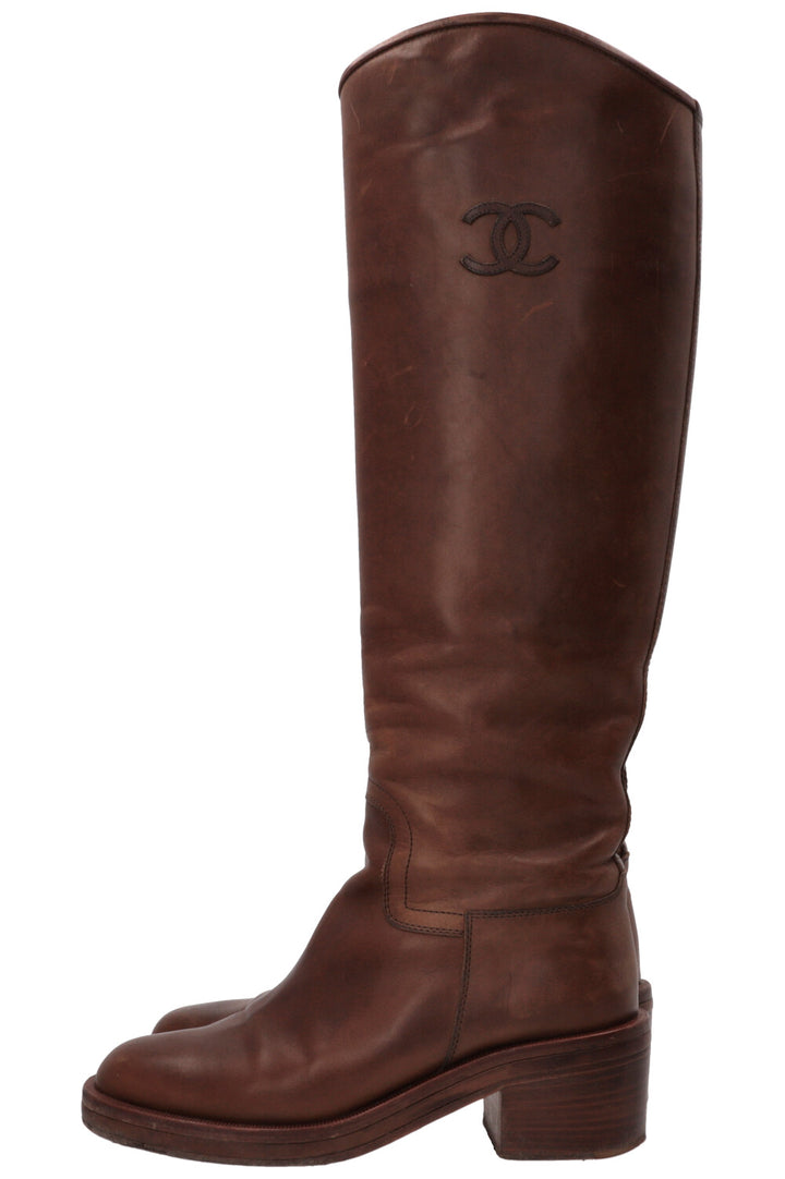 CHANEL Riding Boots Leather Camel