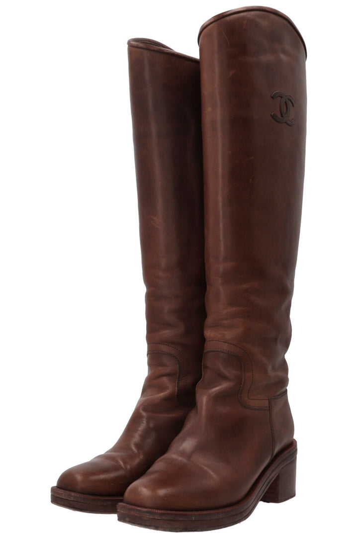 CHANEL Riding Boots Leather Camel