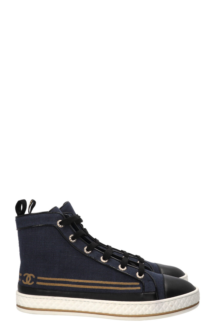 CHANEL Sailor CC High Top Sneaker Canvas Navy Gold
