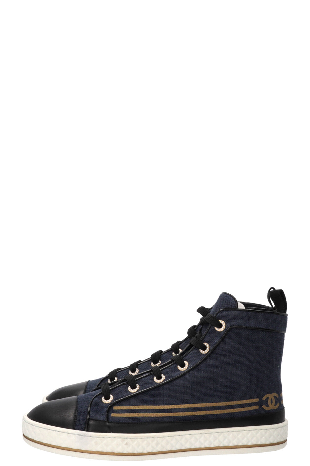 CHANEL Sailor CC High Top Sneaker Canvas Navy Gold