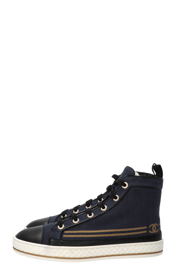 CHANEL Sailor CC High Top Sneaker Canvas Navy Gold