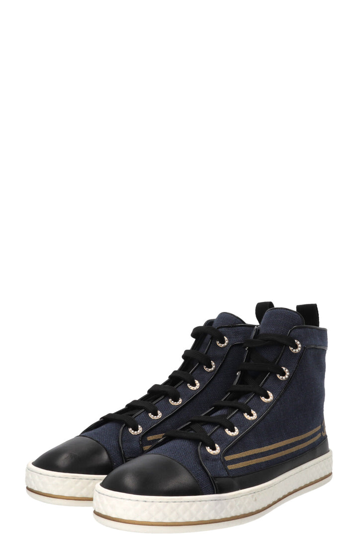 CHANEL Sailor CC High Top Sneaker Canvas Navy Gold