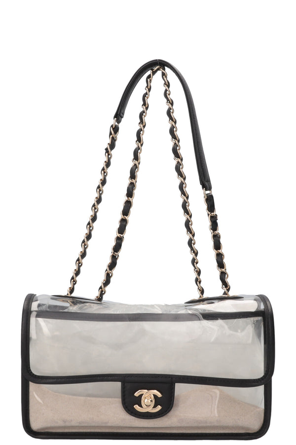 CHANEL Sac à rabat simple Sand By The Sea moyen PVC cuir noir
