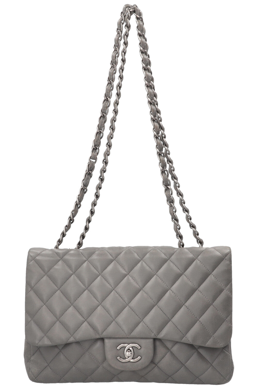 Sac CHANEL à rabat simple grand modèle en cuir gris