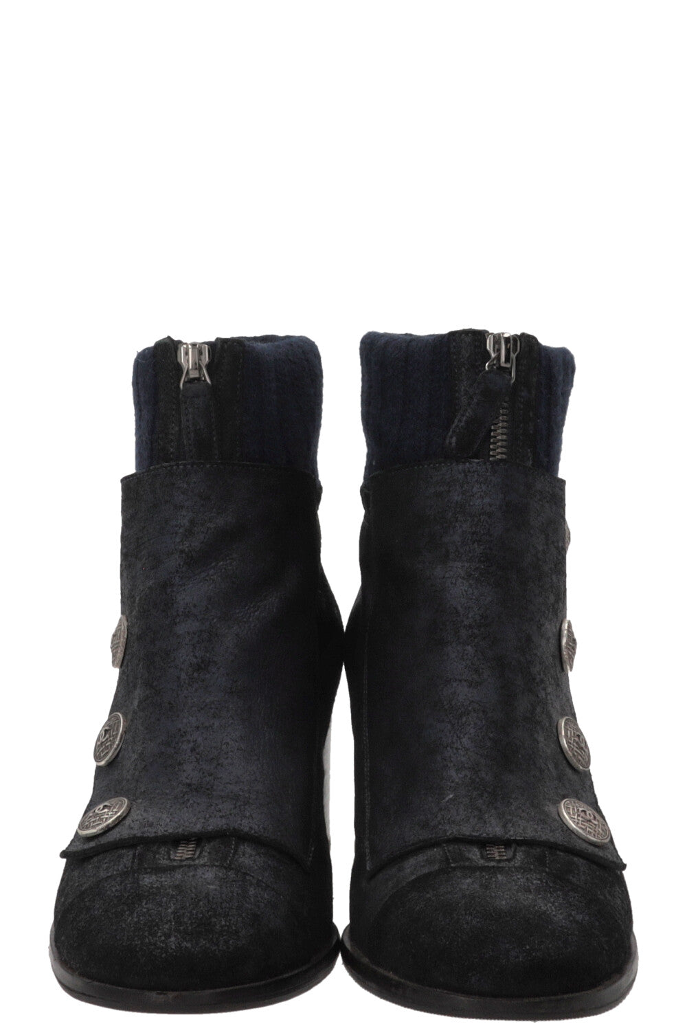 CHANEL Snap Button Ankle Boots Suede Navy