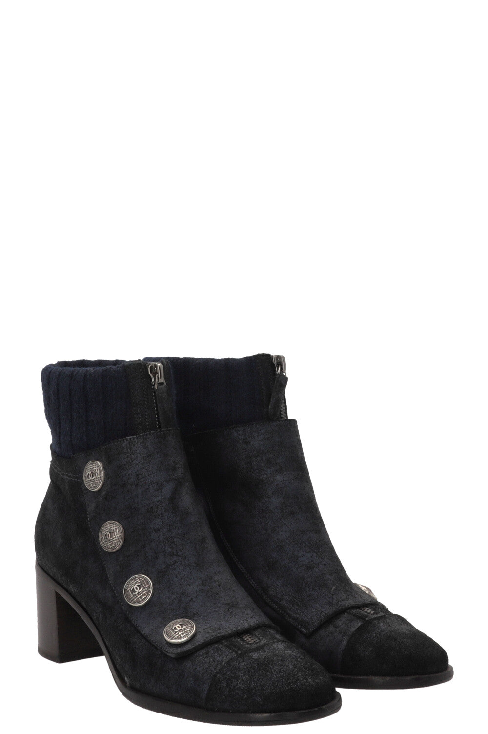 CHANEL Snap Button Ankle Boots Suede Navy