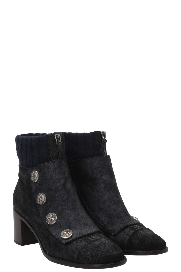 CHANEL Snap Button Ankle Boots Suede Navy
