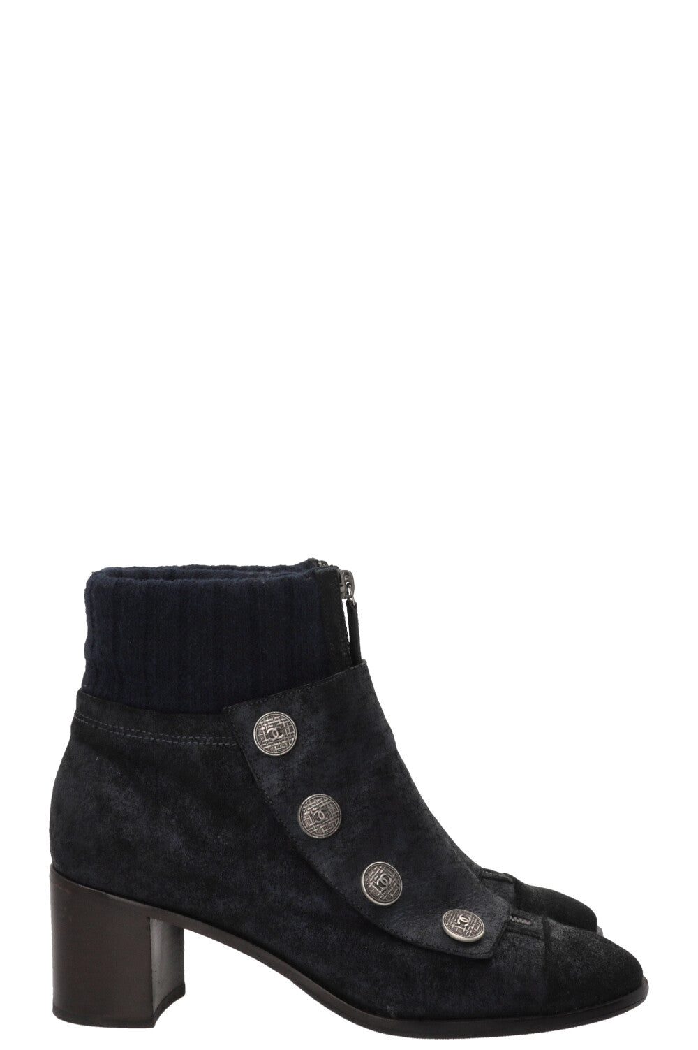 CHANEL Snap Button Ankle Boots Suede Navy