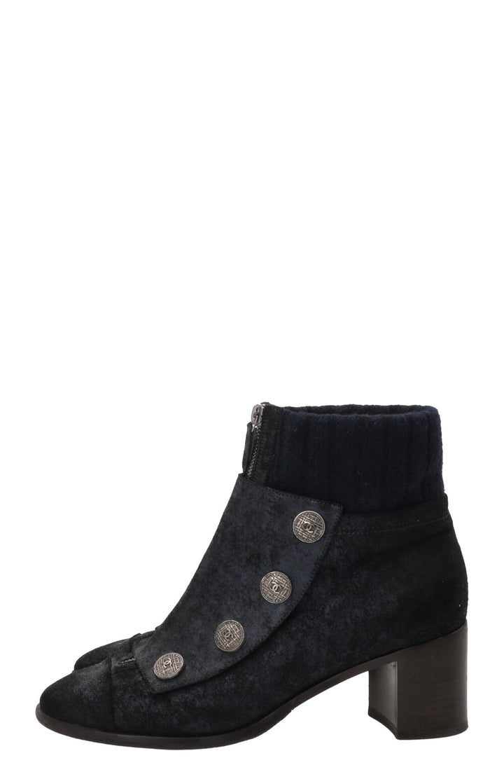 CHANEL Snap Button Ankle Boots Suede Navy