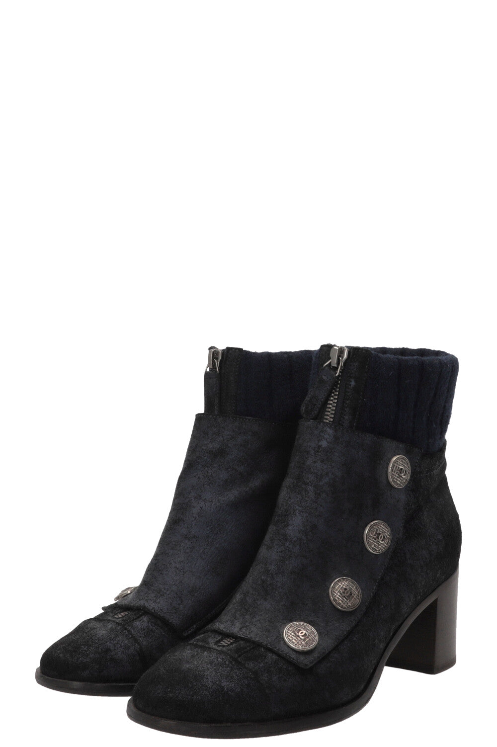 CHANEL Snap Button Ankle Boots Suede Navy