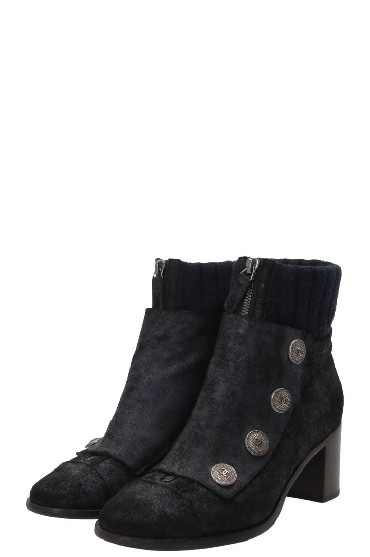 CHANEL Snap Button Ankle Boots Suede Navy