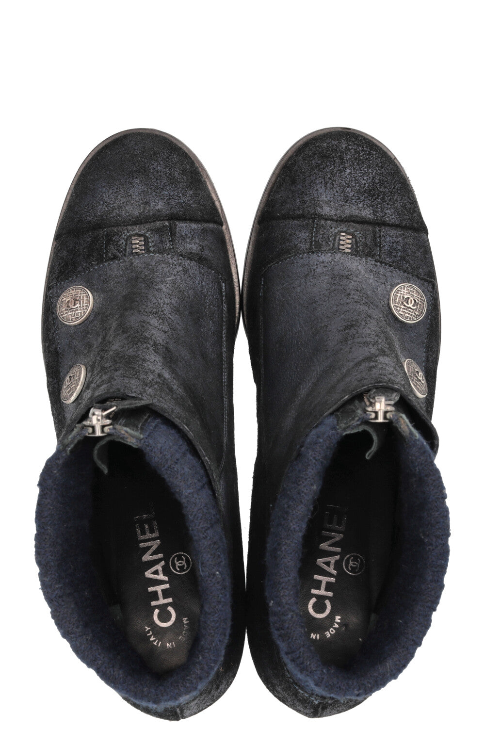 CHANEL Snap Button Ankle Boots Suede Navy