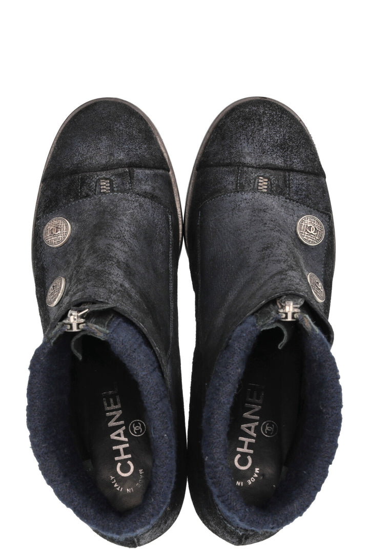 CHANEL Snap Button Ankle Boots Suede Navy