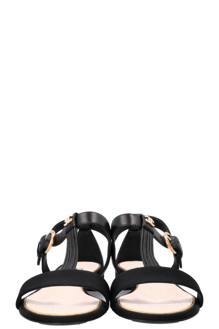 CHANEL T-Strap Sandals Leather Black