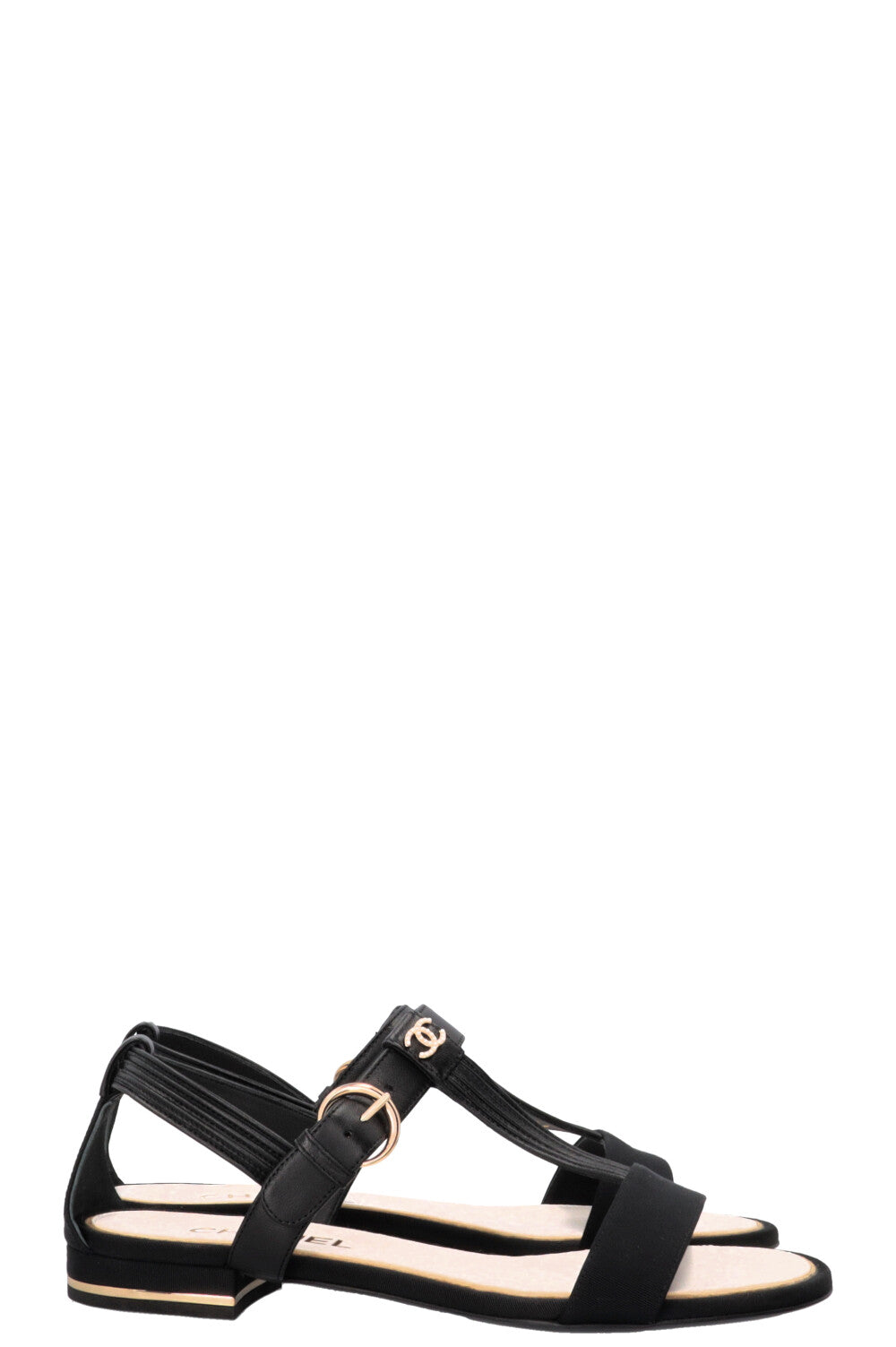 CHANEL T-Strap Sandals Leather Black