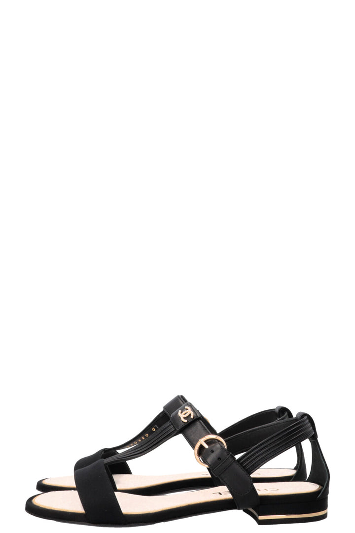 CHANEL T-Strap Sandals Leather Black