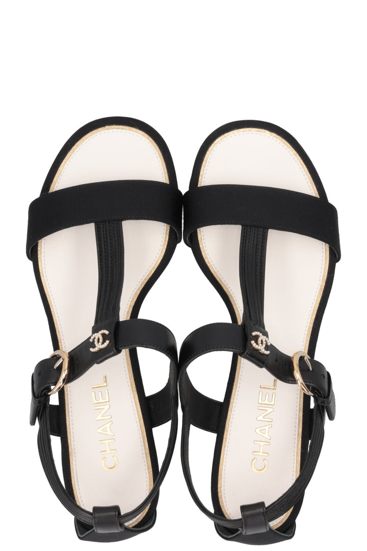 CHANEL T-Strap Sandals Leather Black