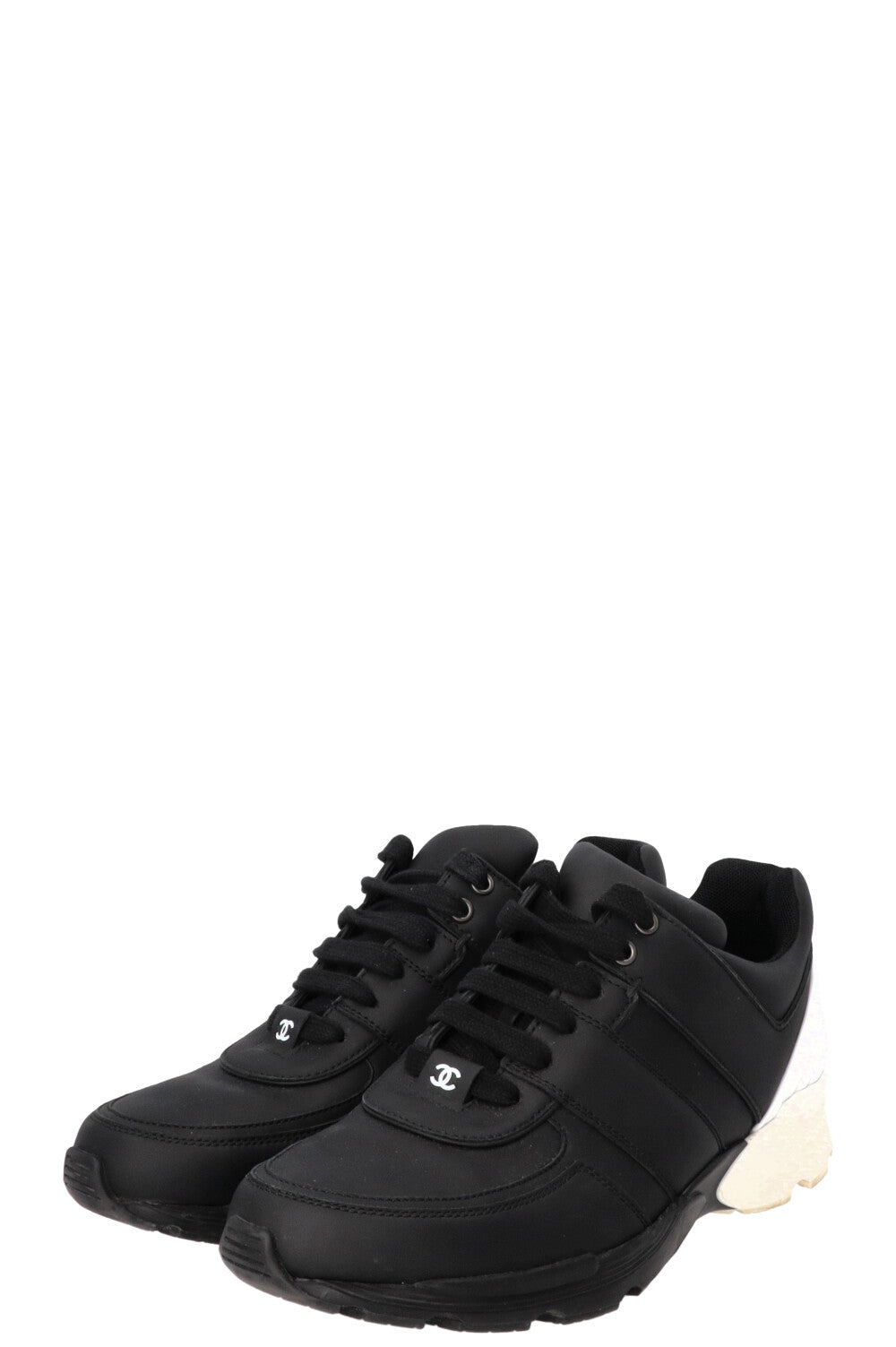 CHANEL Trainers Leather Black White