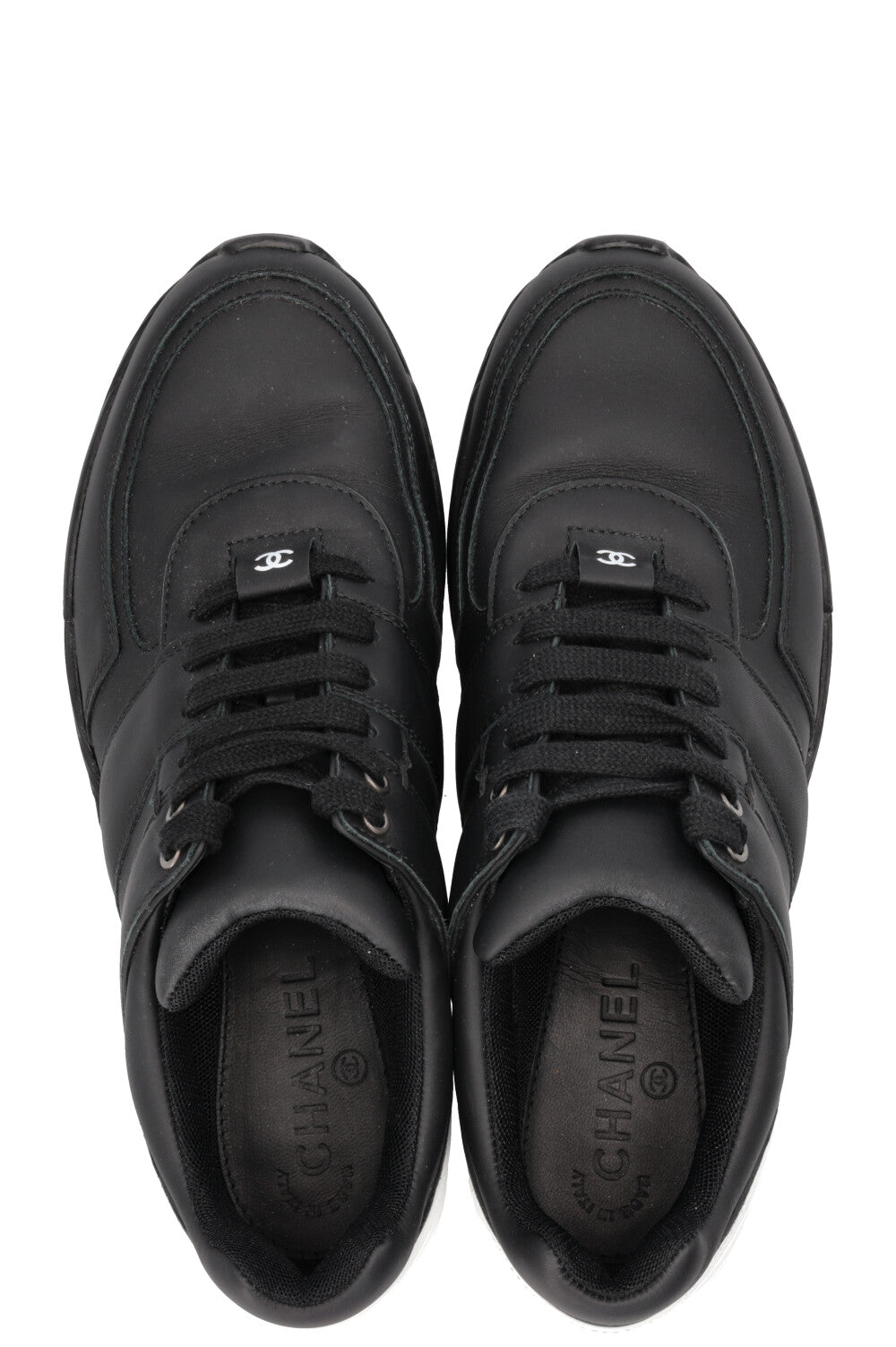 CHANEL Trainers Leather Black White