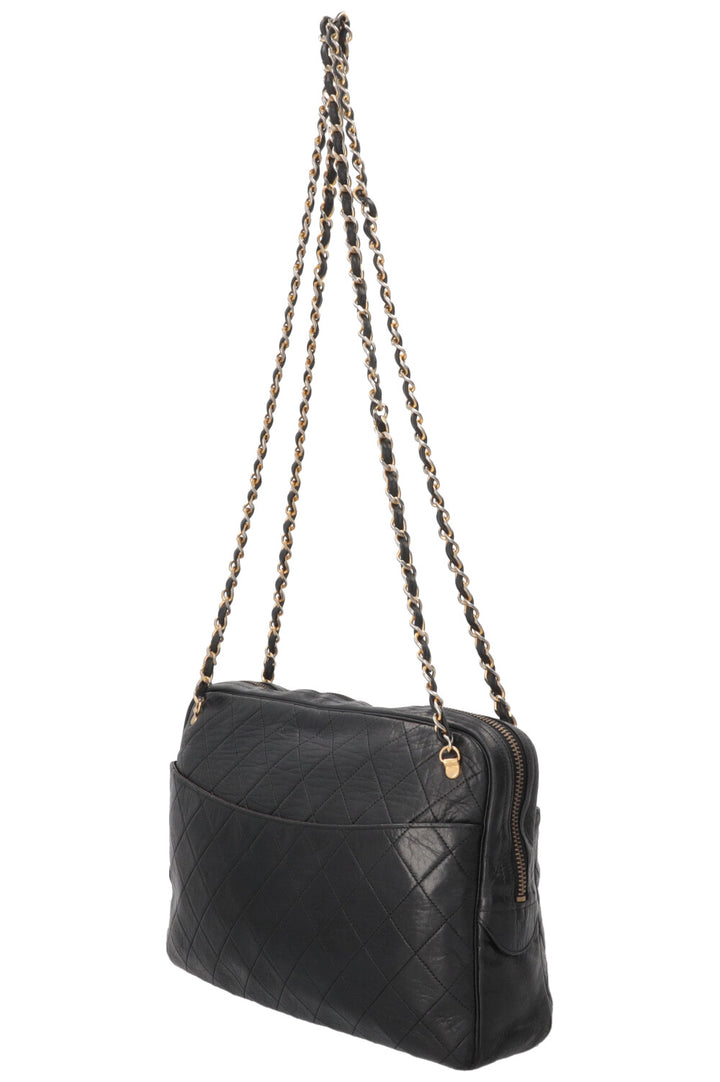 Sac bandoulière CHANEL Vintage matelassé médaillon en cuir noir