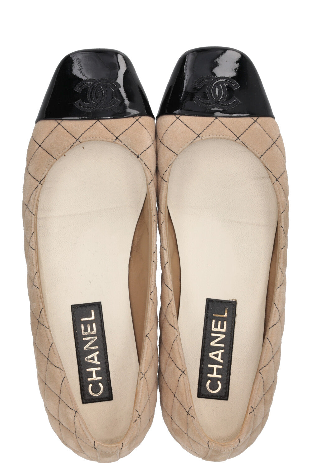 CHANEL 2025 Square Toe Quilted CC Ballet Flats Suede Beige