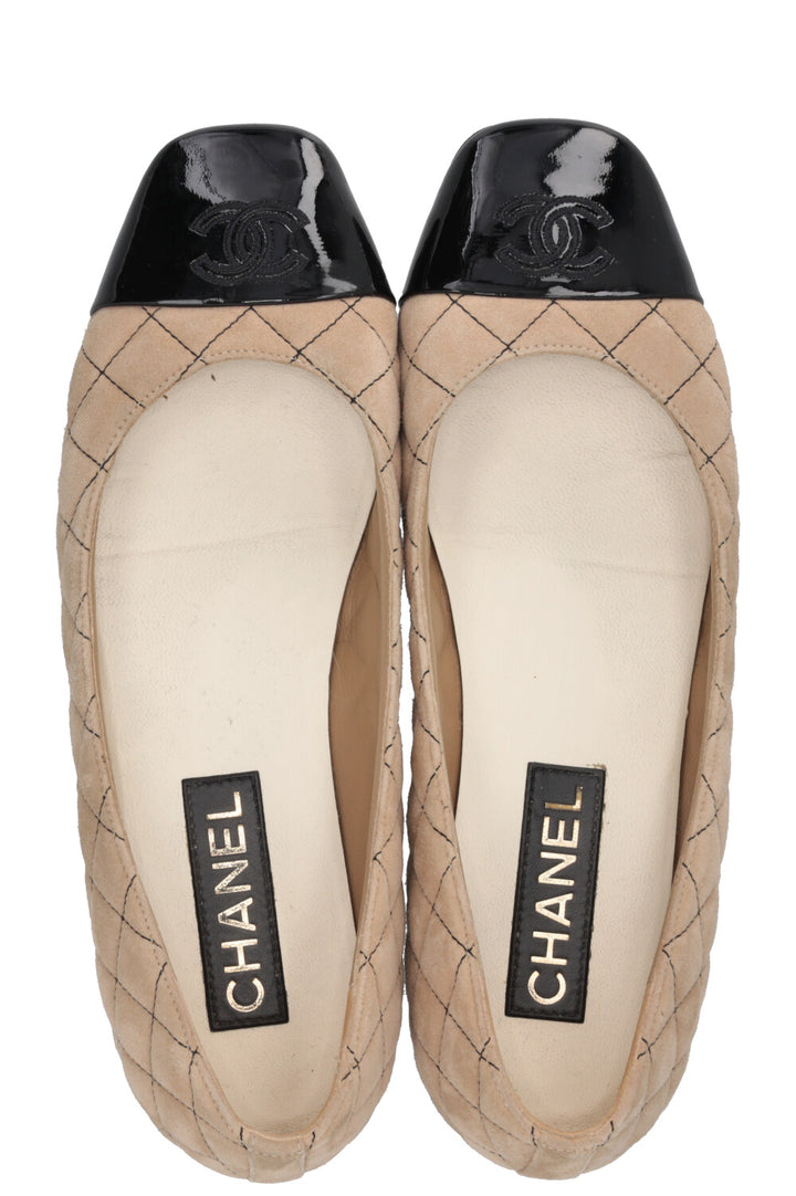 CHANEL 2025 Square Toe Quilted CC Ballet Flats Suede Beige