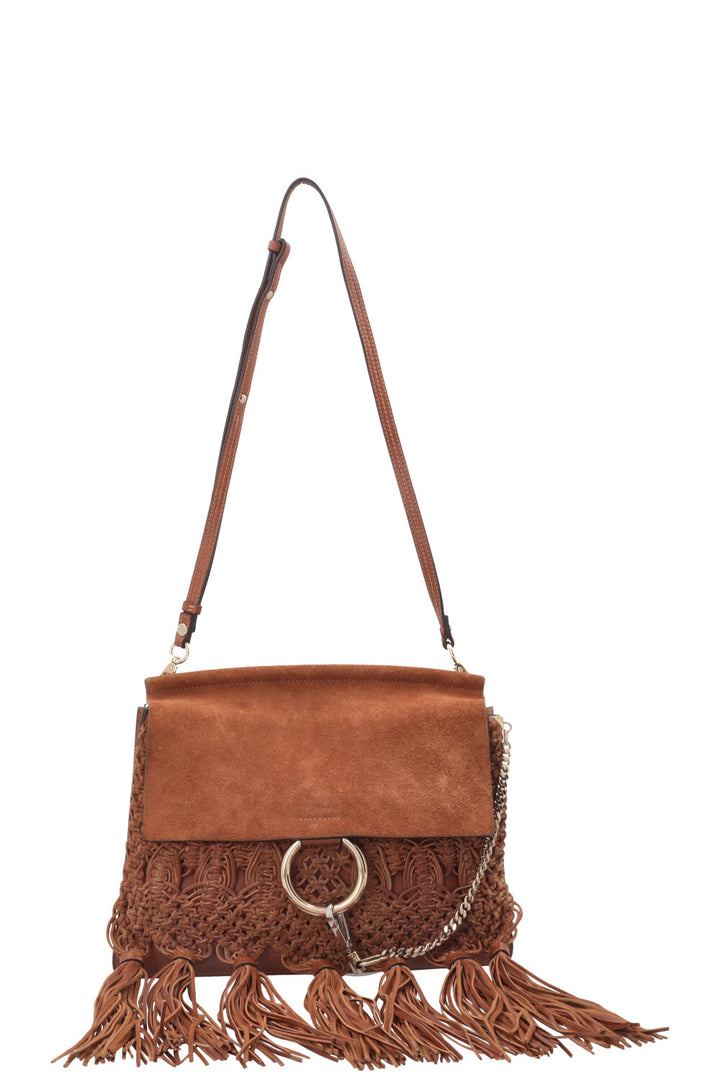 CHLOÉ Macramé Faye Crossbody Bag Suede Cognac