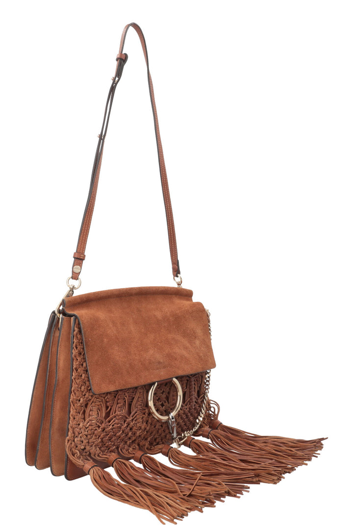 CHLOÉ Macramé Faye Crossbody Bag Suede Cognac