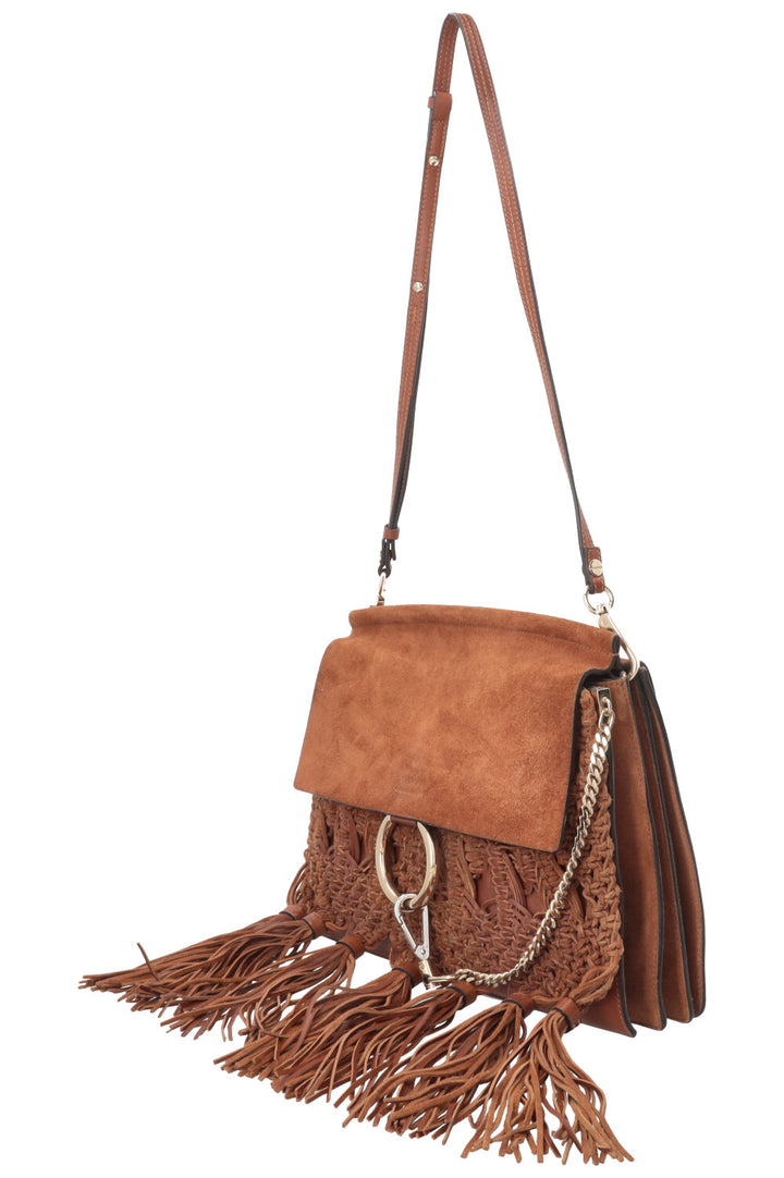 CHLOÉ Macramé Faye Crossbody Bag Suede Cognac