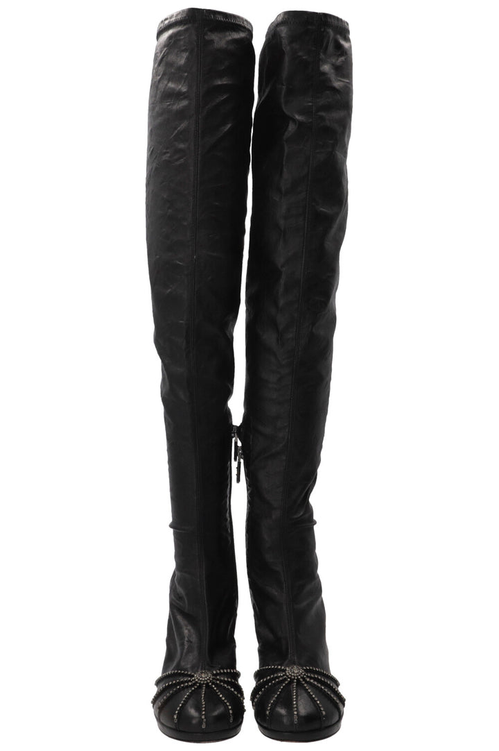CHRISTIAN DIOR 2023 Crystal Embellished Over Knee Boots Leather Black