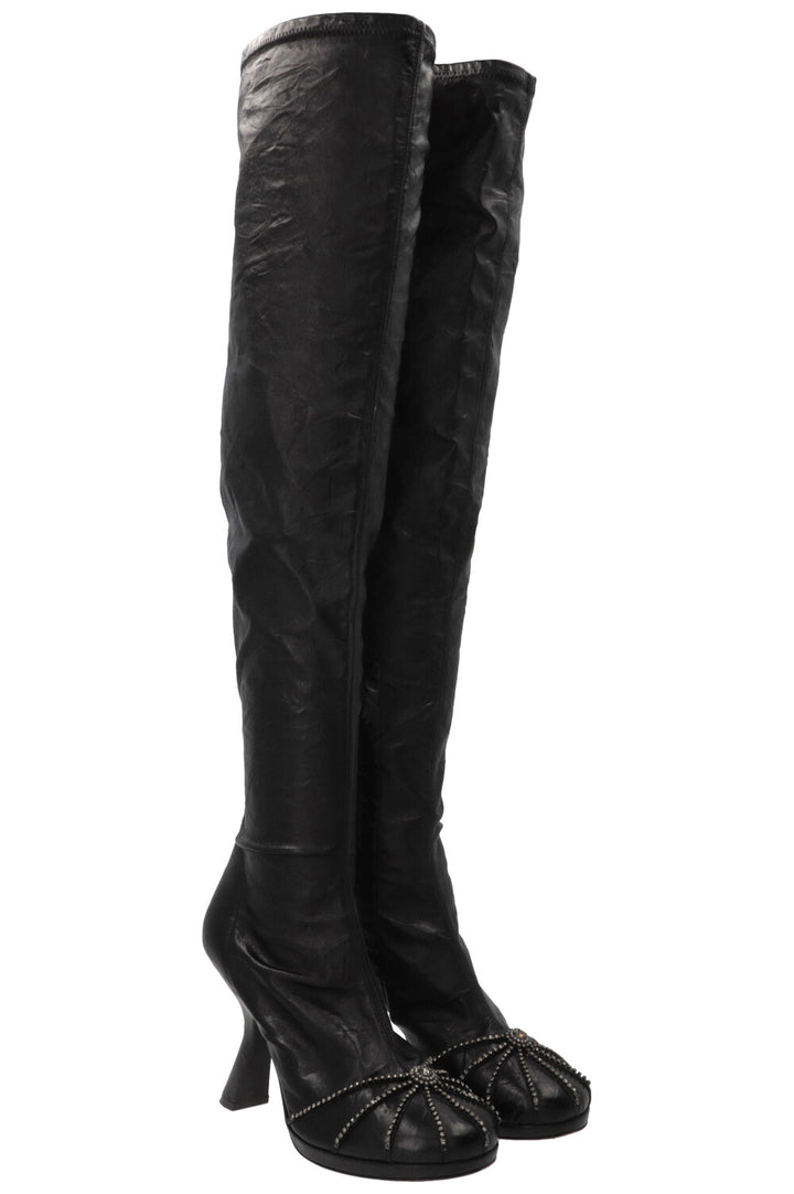 CHRISTIAN DIOR 2023 Crystal Embellished Over Knee Boots Leather Black