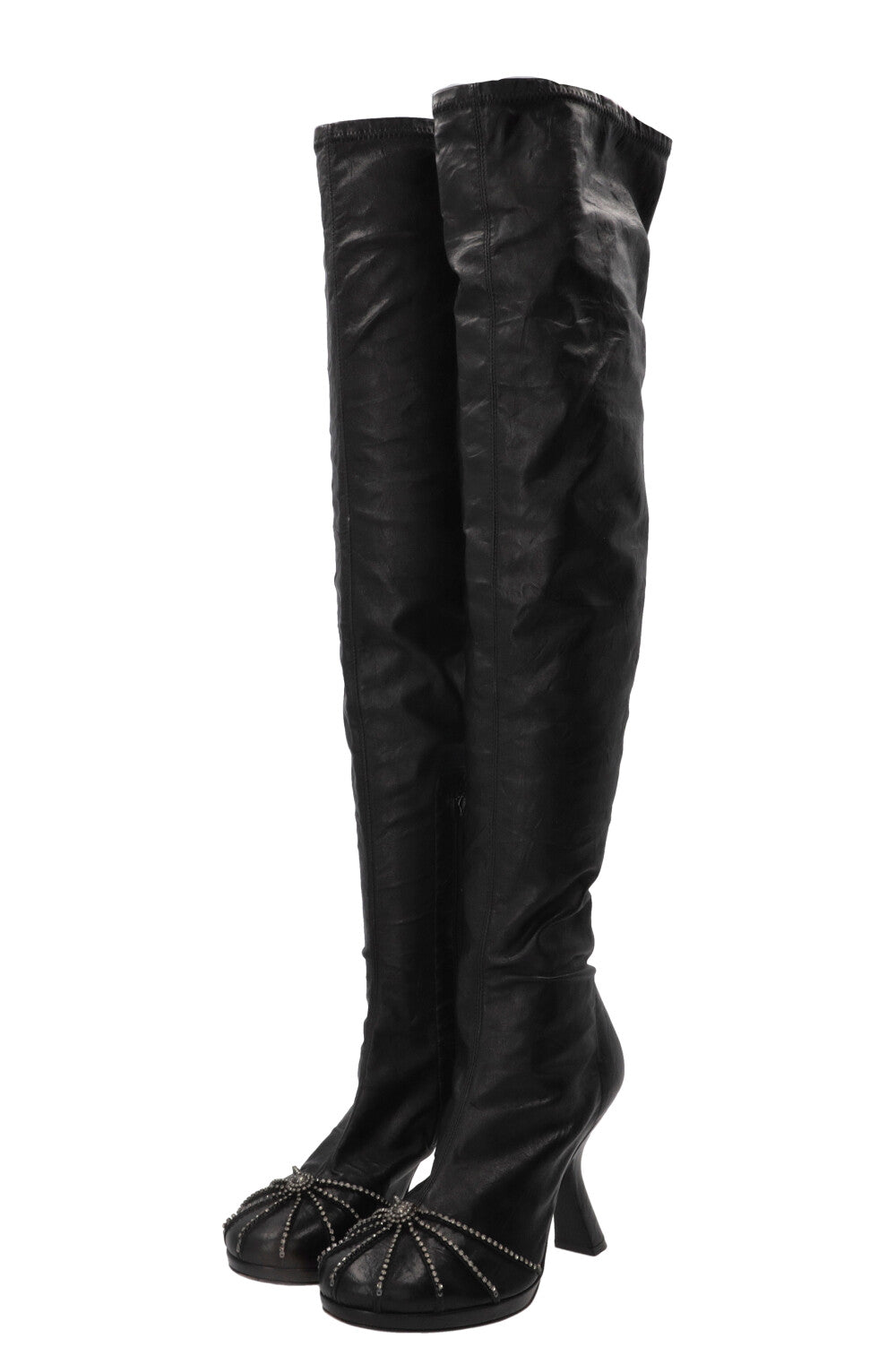 CHRISTIAN DIOR 2023 Crystal Embellished Over Knee Boots Leather Black