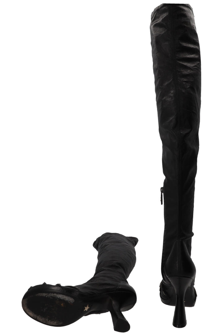 CHRISTIAN DIOR 2023 Crystal Embellished Over Knee Boots Leather Black