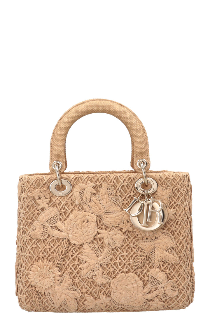 SAC LADY DIOR MEDIUM À FLEURS 3D EN RAFIA BEIGE CHRISTIAN DIOR