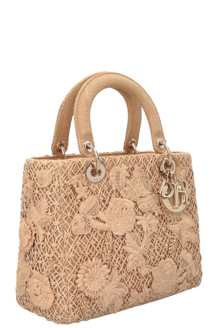 SAC LADY DIOR MEDIUM À FLEURS 3D EN RAFIA BEIGE CHRISTIAN DIOR