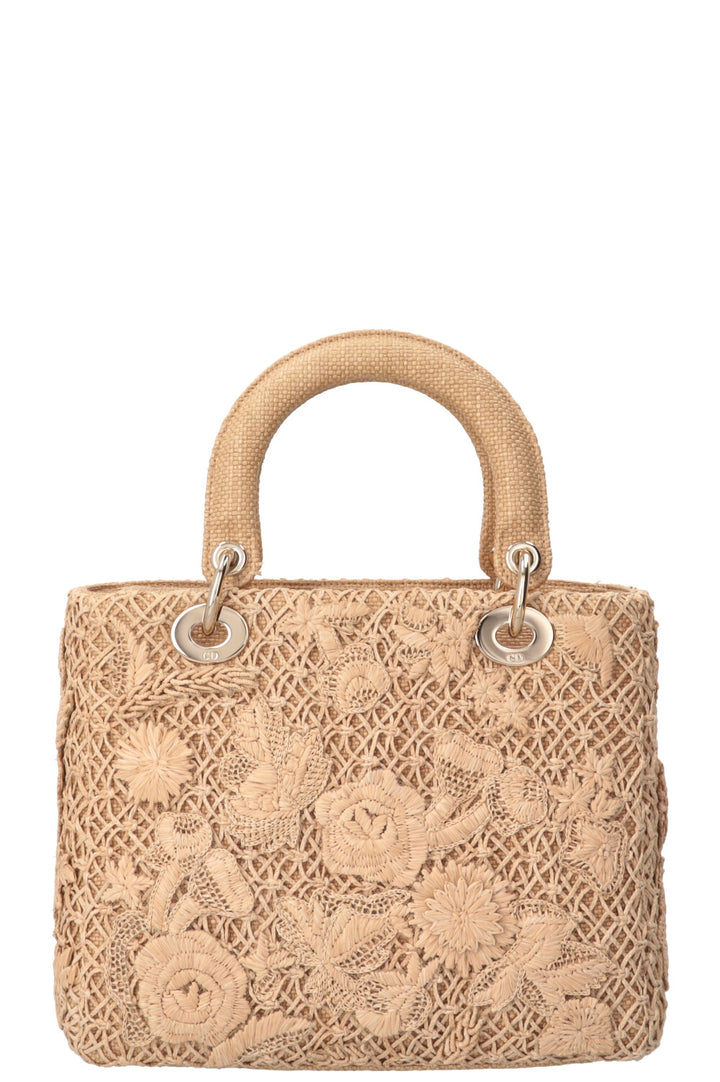 SAC LADY DIOR MEDIUM À FLEURS 3D EN RAFIA BEIGE CHRISTIAN DIOR